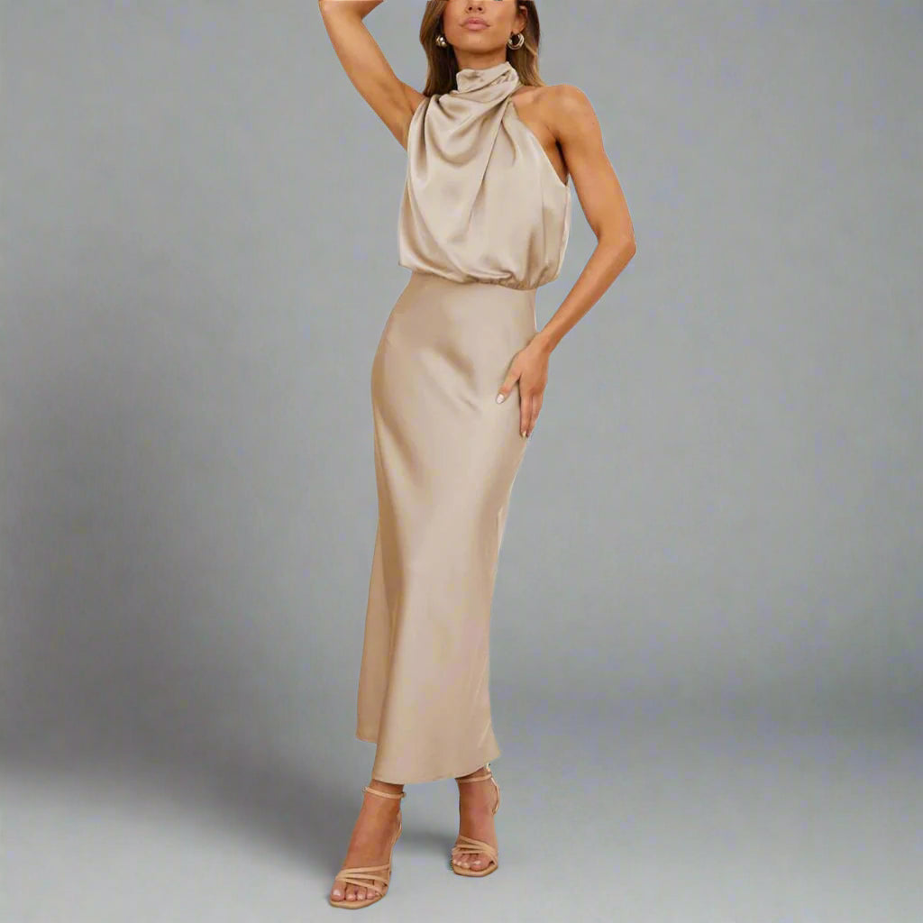 Women’s Satin Halter Neck Formal Dress | High Neck Midi