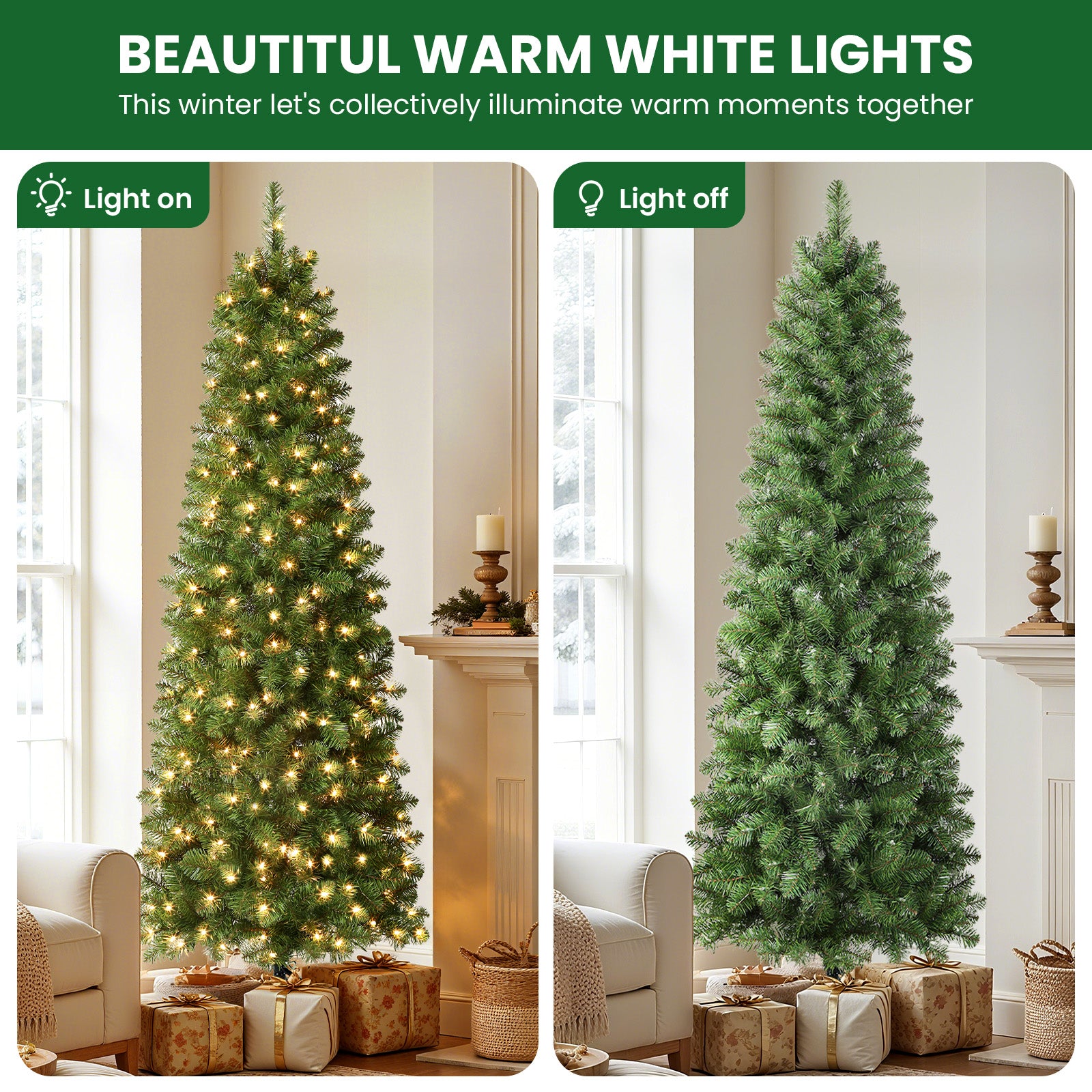 Pre-Lit Artificial Tree with Metal Stand and Warm Lights for Christmas