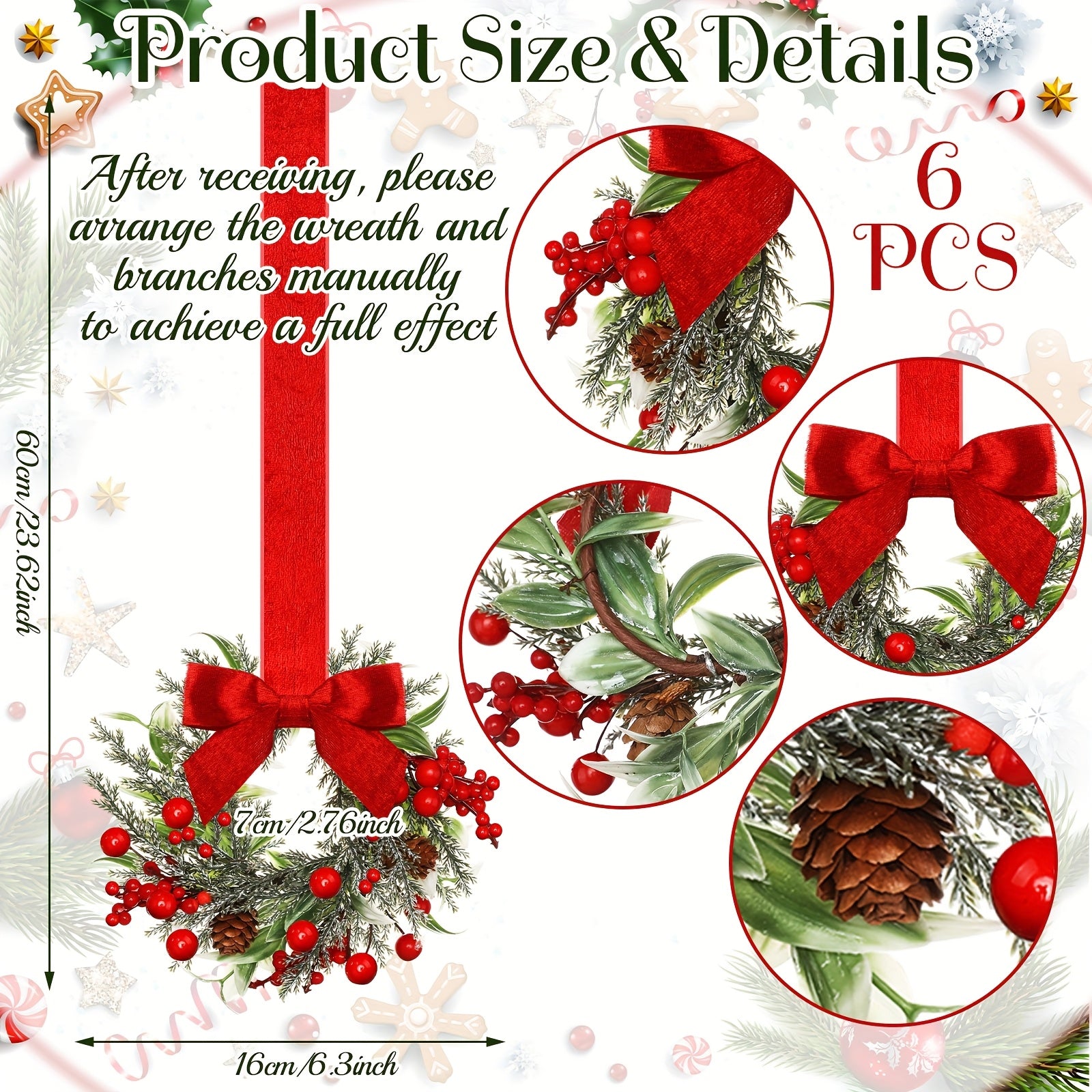 Wreaths Red Bows Pinecones Christmas Hanging Decoration