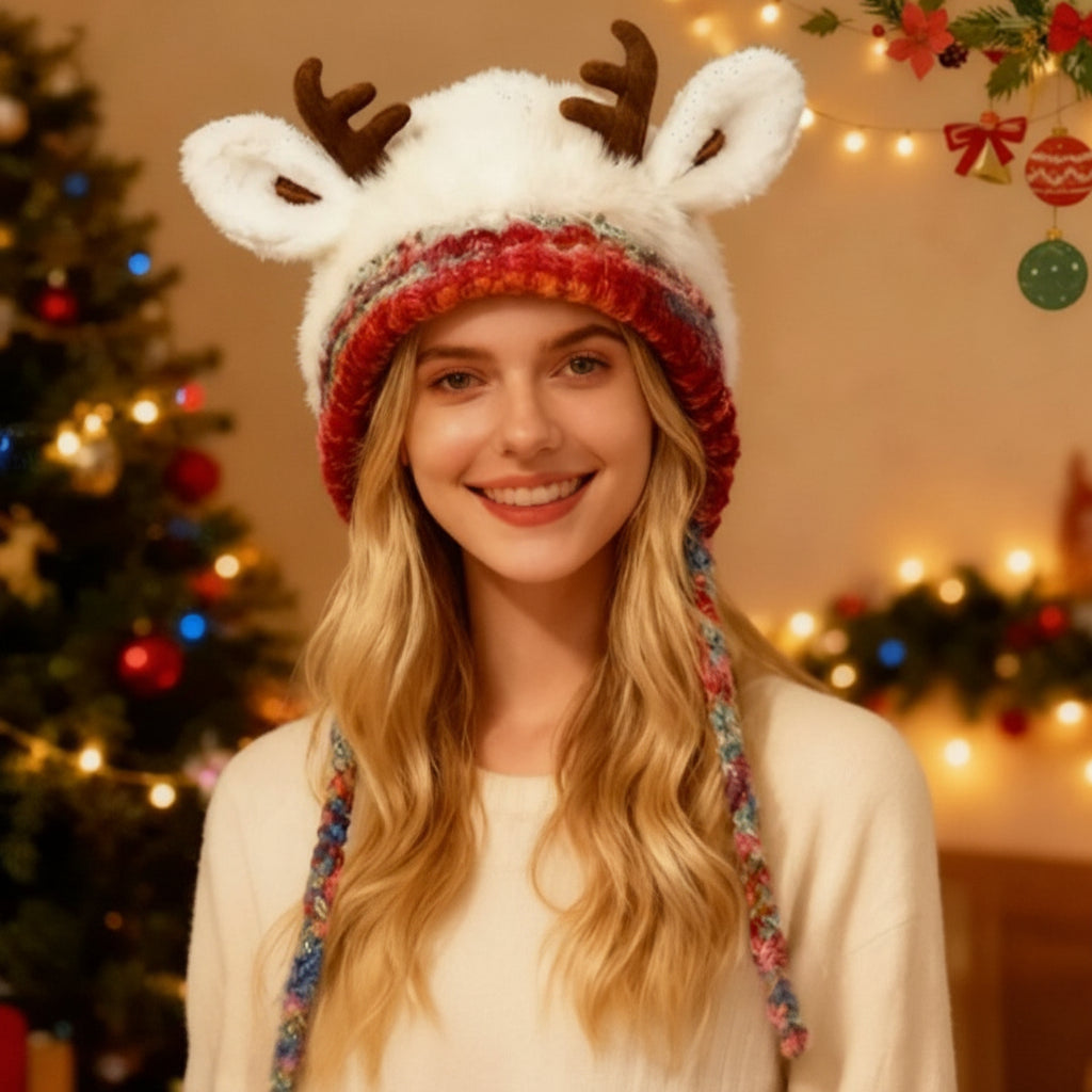 Women Christmas Knit Beanie Warm Reindeer Winter Hat