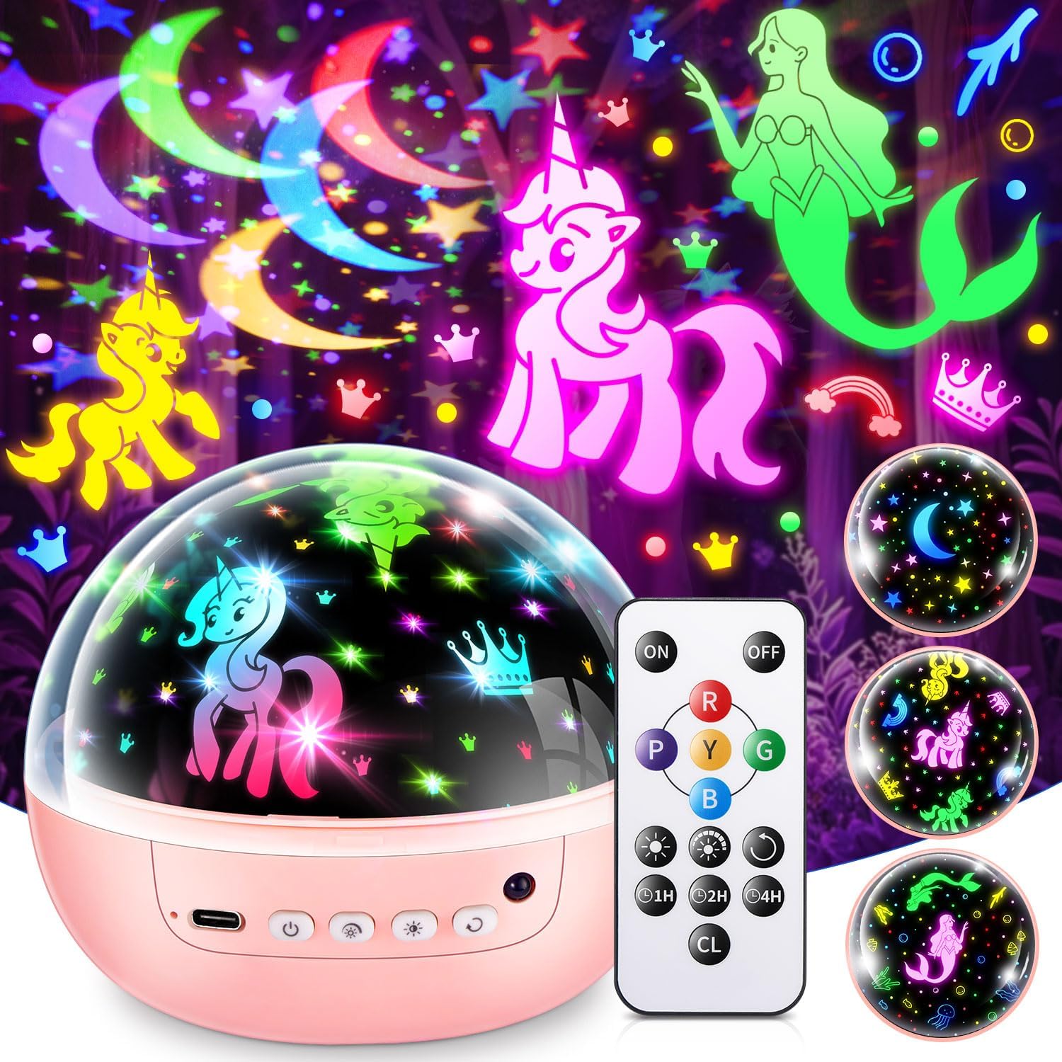 Gift Night Light Projector Kids Unicorn Star LED Bedroom Lamp