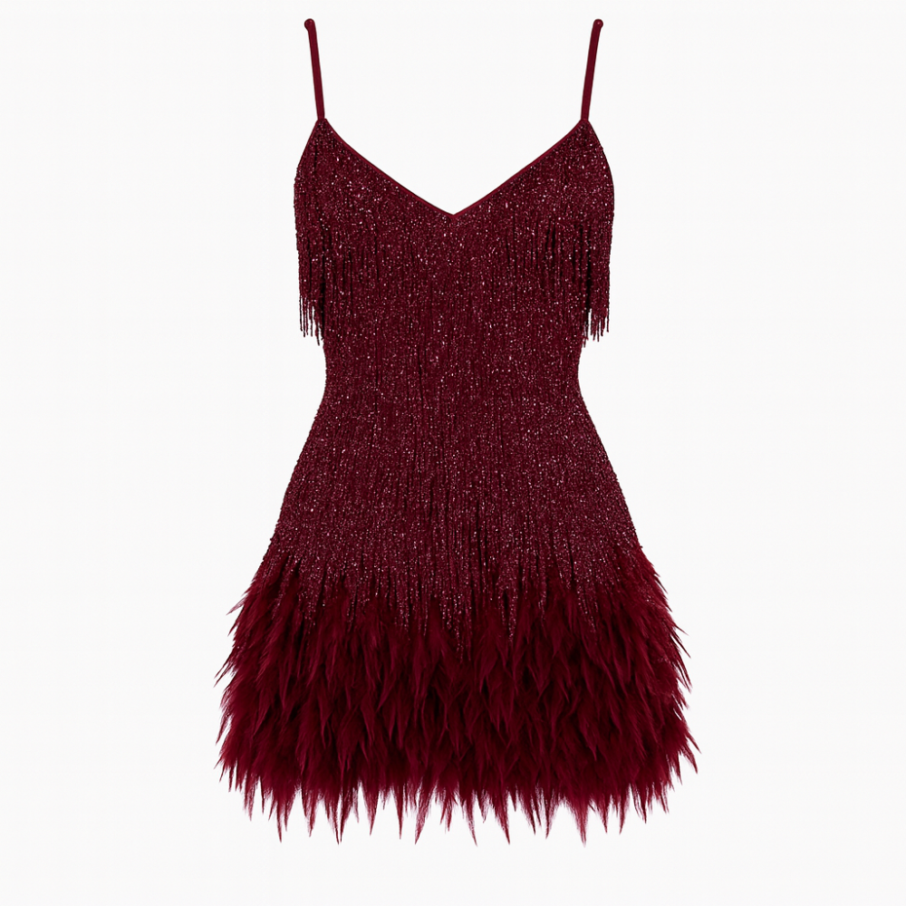 Robe de cocktail à plumes et sequins pour femme | Robe de soirée courte