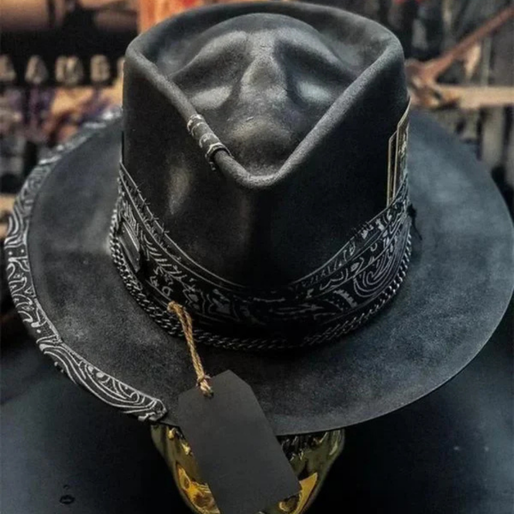 Men's Gothic Distressed Leather Cowboy Hat | Skull Embossed
