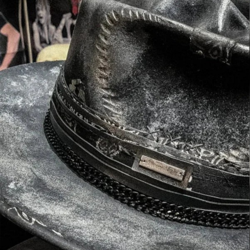 Men's Gothic Distressed Leather Cowboy Hat | Skull Embossed