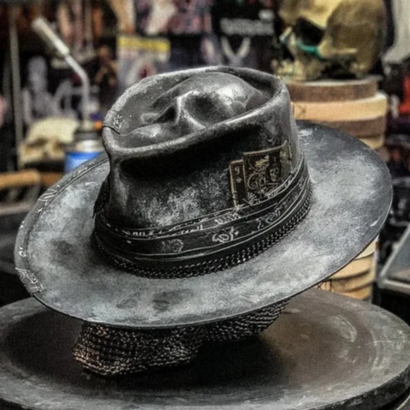 Men's Gothic Distressed Leather Cowboy Hat | Skull Embossed