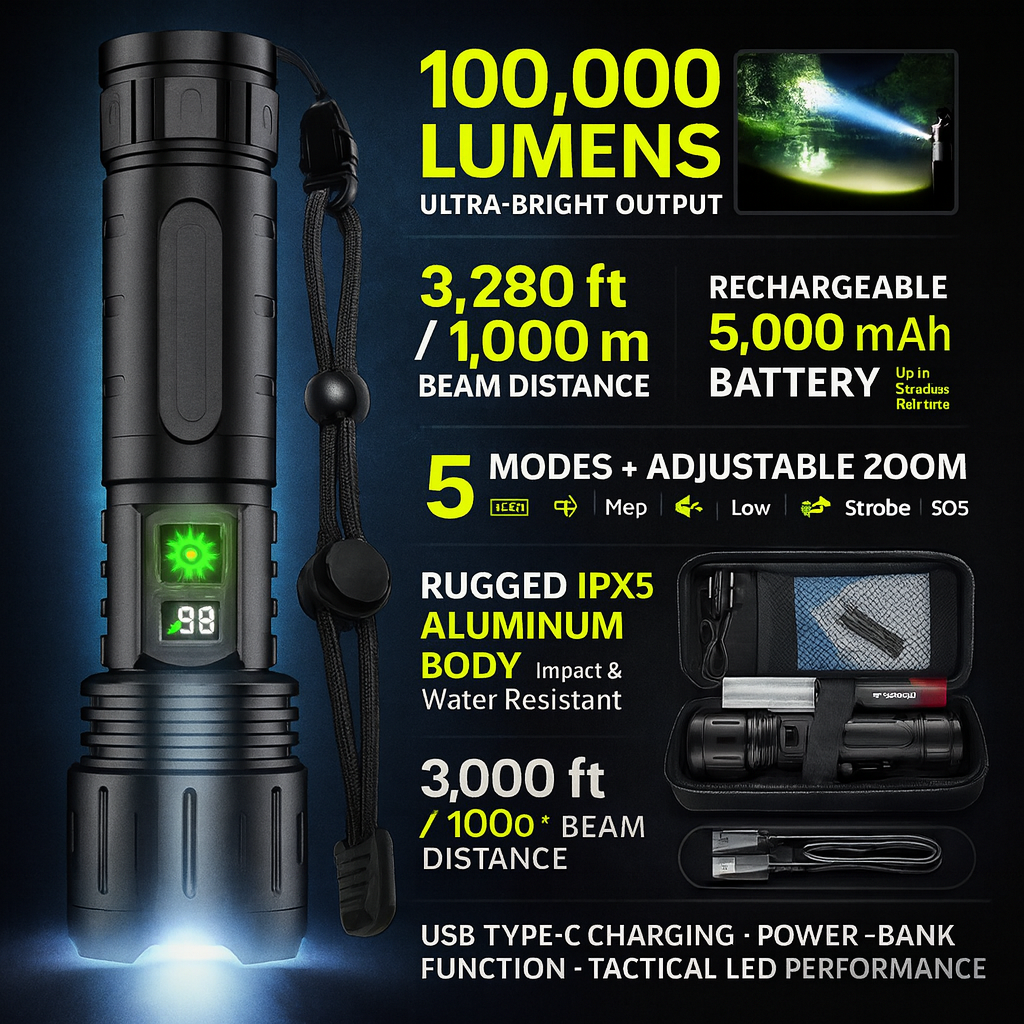 Brightest Flashlight Rechargeable 100000 Lumens Tactical LED Torch