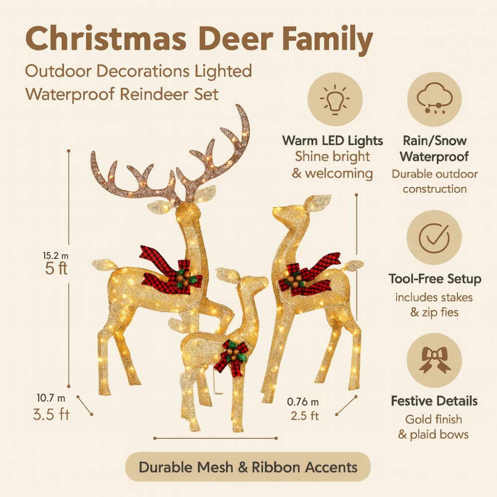Christmas Deer Family Outdoor Decorations Lighted Waterproof Reindeer