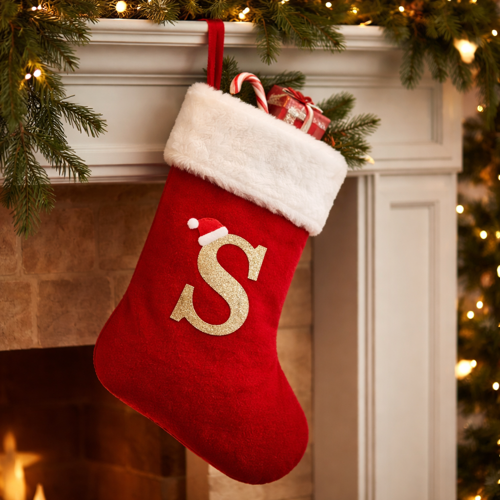 Christmas Stocking Monogram Red Velvet Plush Cuff Hanging Decor