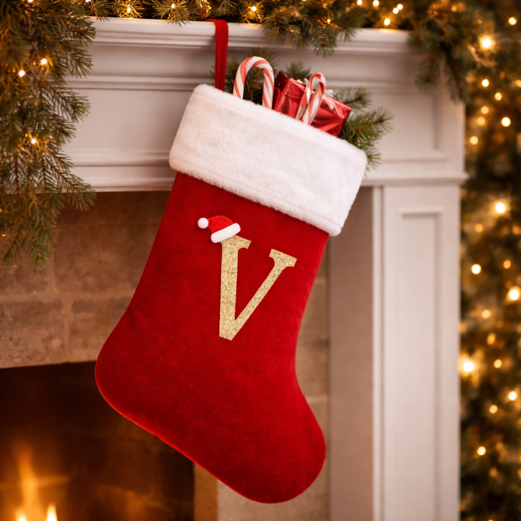 Christmas Stocking Monogram Red Velvet Plush Cuff Hanging Decor