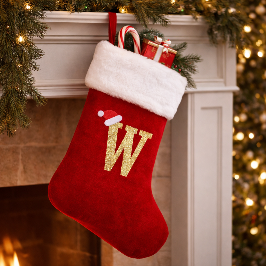 Christmas Stocking Monogram Red Velvet Plush Cuff Hanging Decor