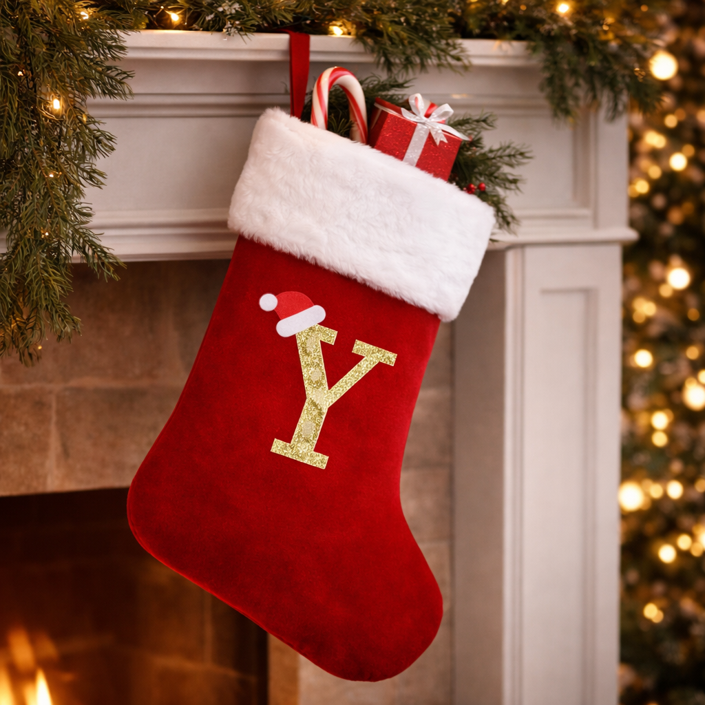 Christmas Stocking Monogram Red Velvet Plush Cuff Hanging Decor