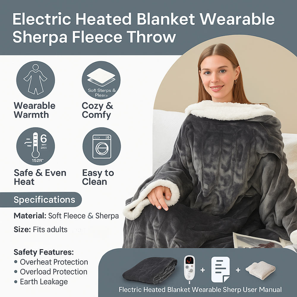 Electric Blanket Wearable Sherpa Fleece Throw for Adults Warmth