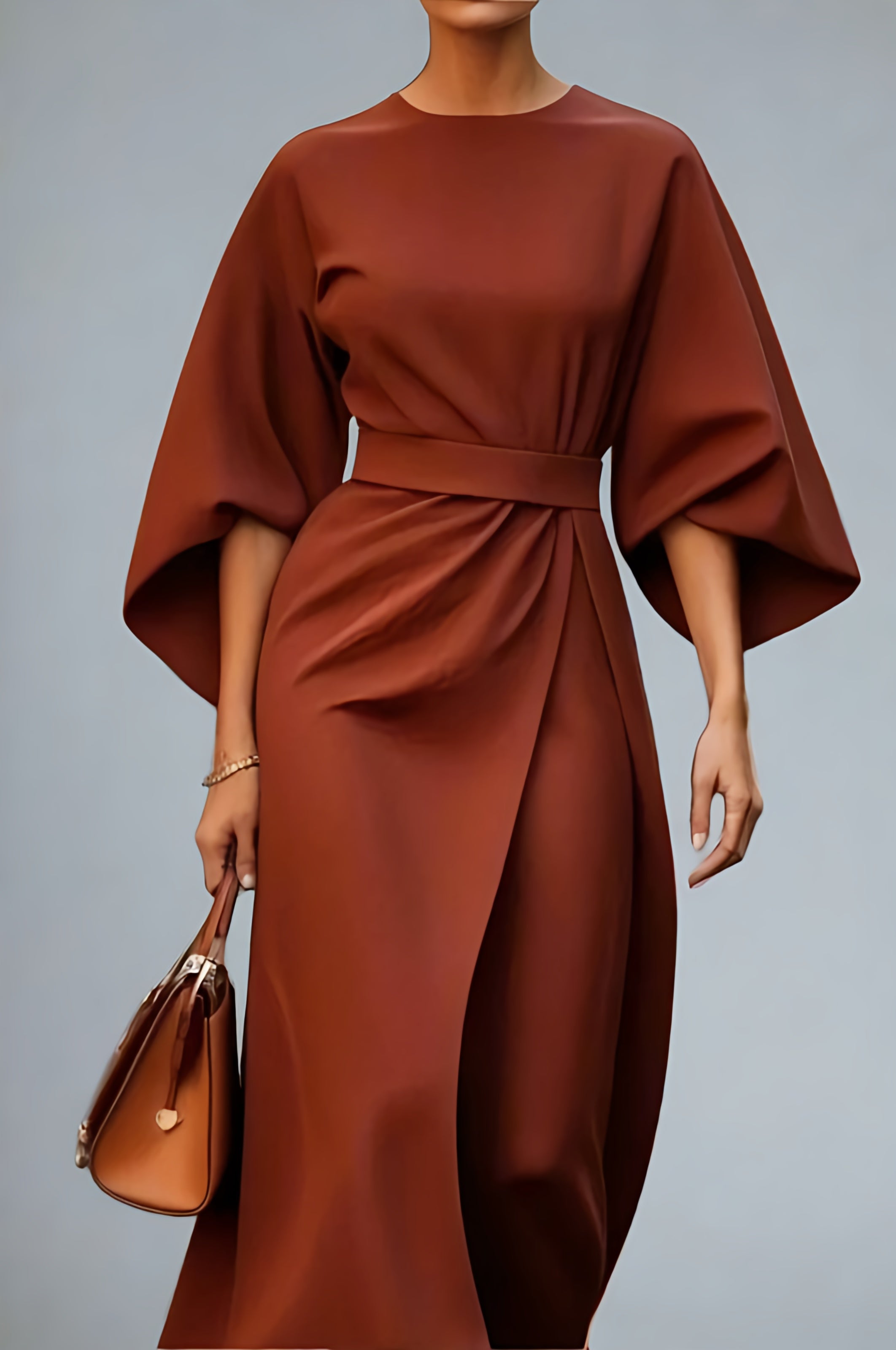 Women’s Elegant Belted Long Sleeve Dress | Minimalist Midi