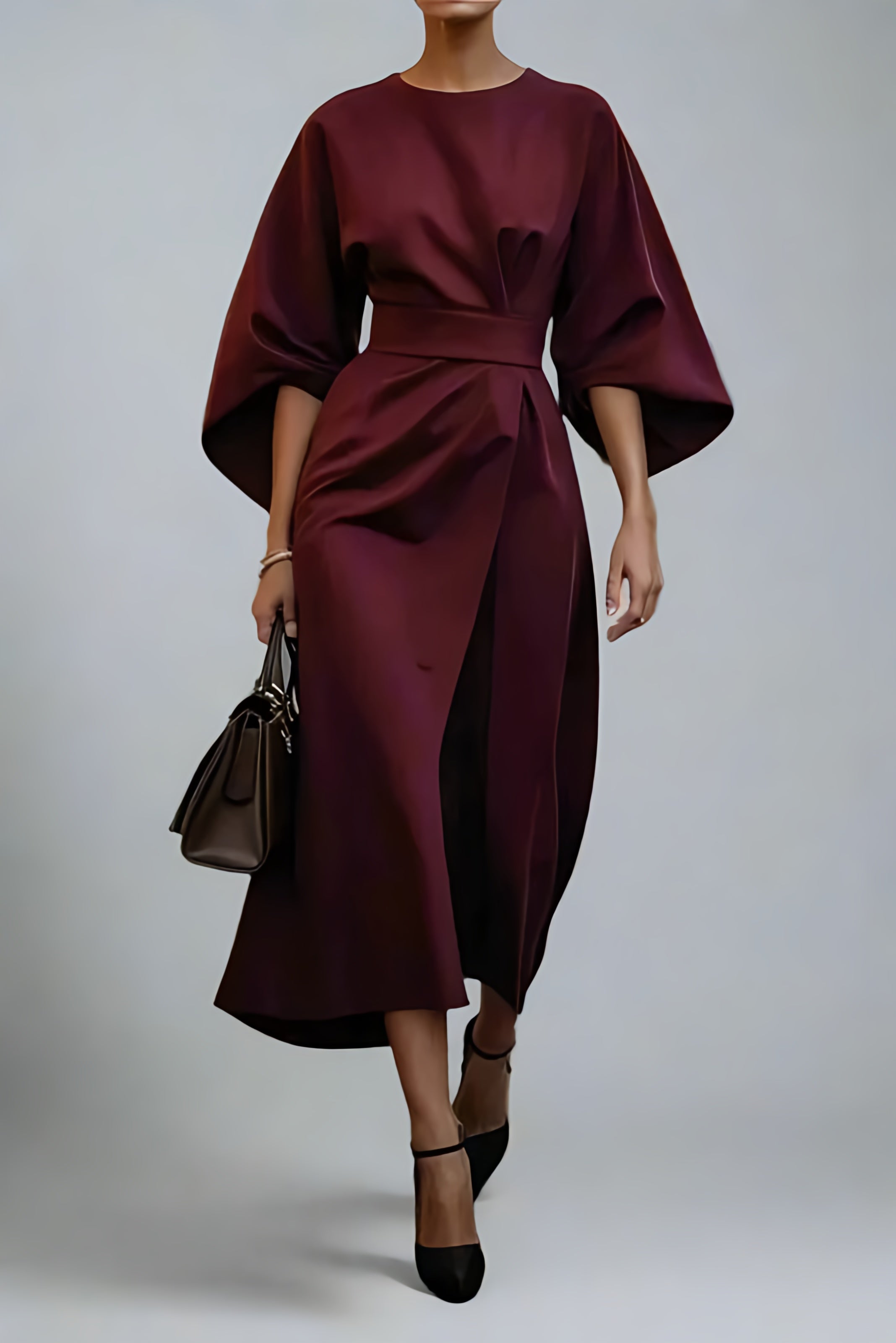 Women’s Elegant Belted Long Sleeve Dress | Minimalist Midi