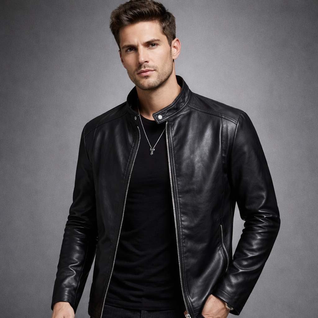 Men’s Slim Fit Leather Jacket - Lightweight Long Sleeve