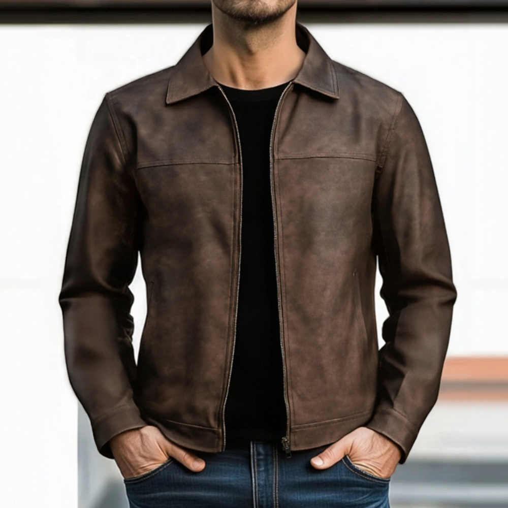 Men's Bomber Leather Jacket - Lightweight Zip-Up