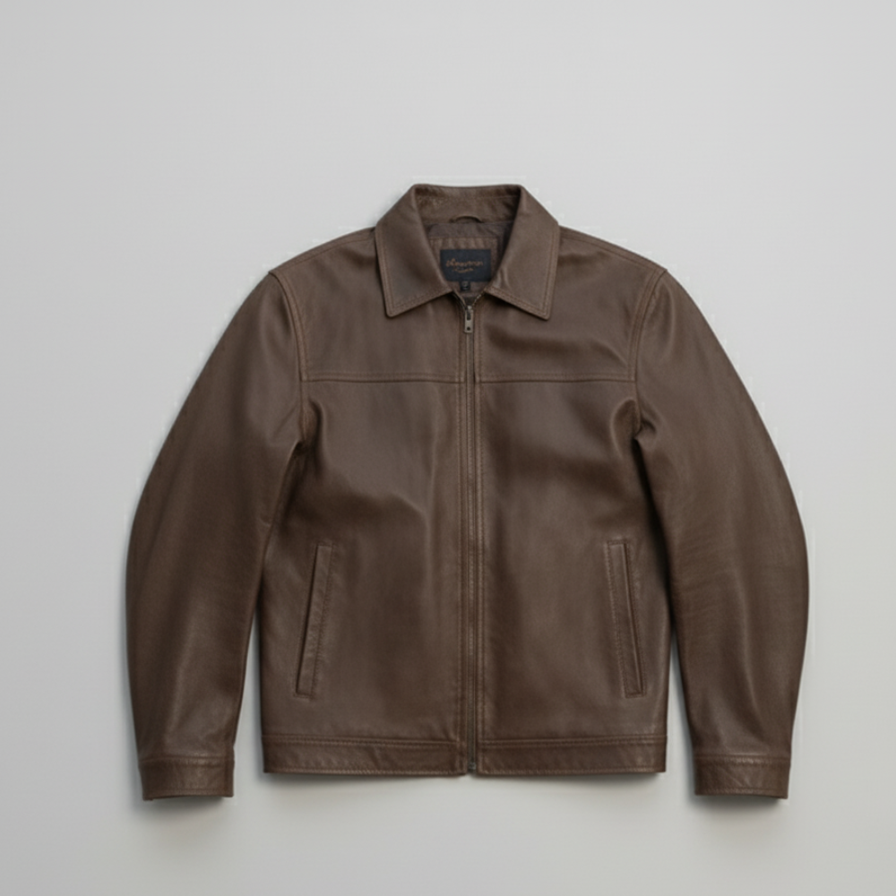 Men's Bomber Leather Jacket - Lightweight Zip-Up