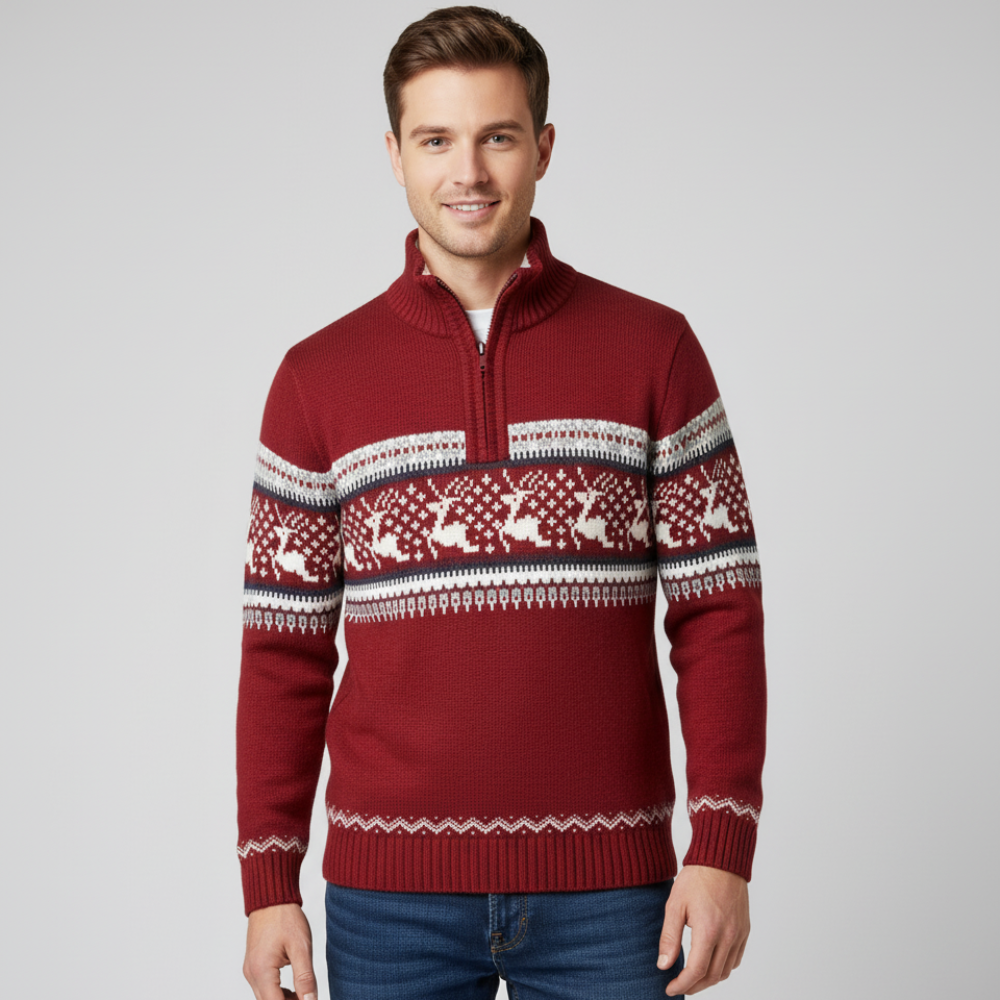 Men's Christmas Knit Sweater - Zipper Long Turtleneck