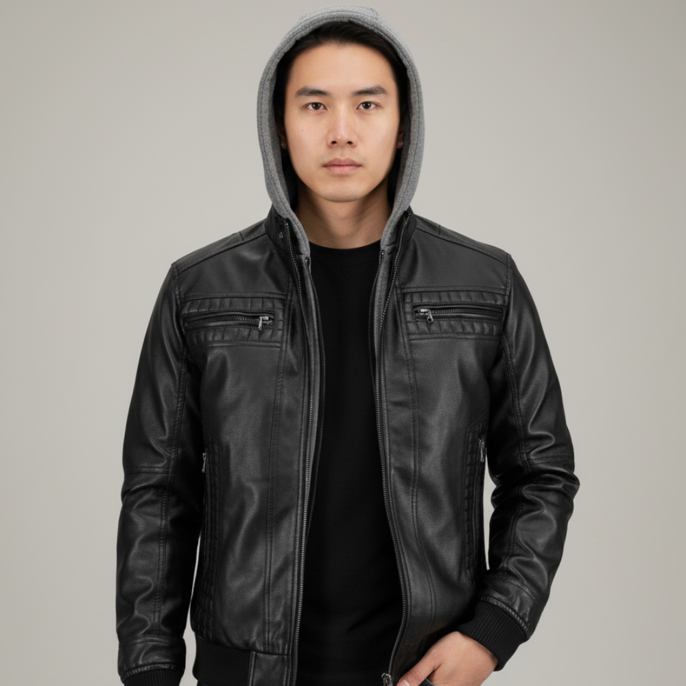 Men's Faux Leather Jacket - Hooded Lightweight