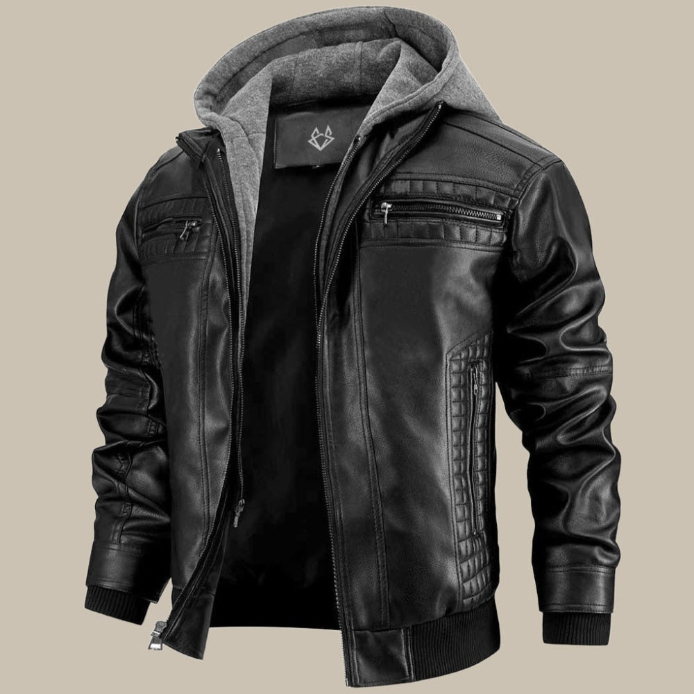 Men's Faux Leather Jacket - Hooded Lightweight