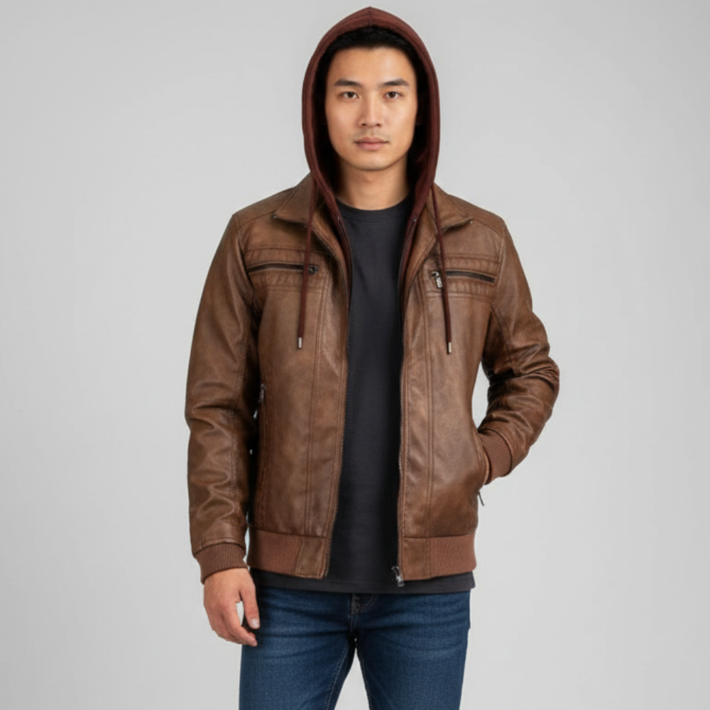 Men's Faux Leather Jacket - Hooded Lightweight