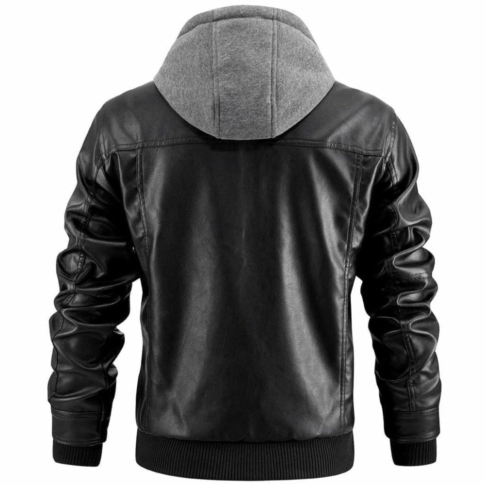 Men's Faux Leather Jacket - Hooded Lightweight