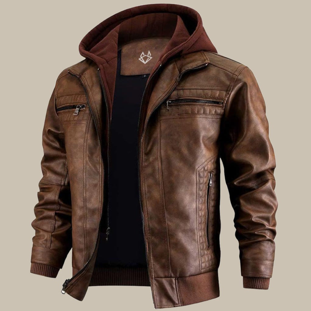 Men's Faux Leather Jacket - Hooded Lightweight
