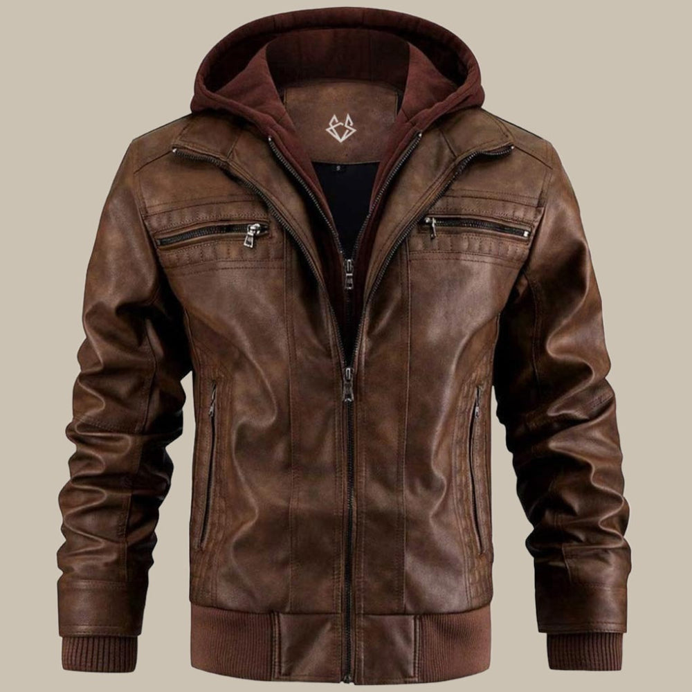 Men's Faux Leather Jacket - Hooded Lightweight