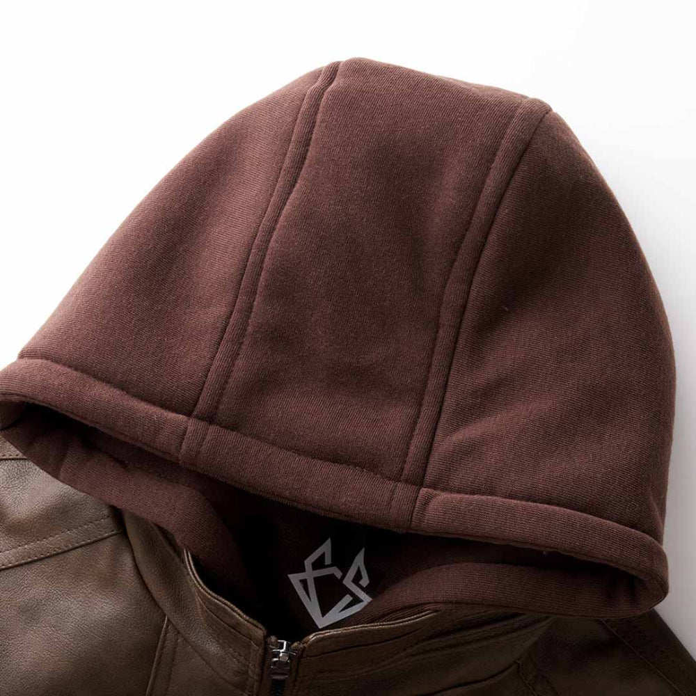 Men's Faux Leather Jacket - Hooded Lightweight