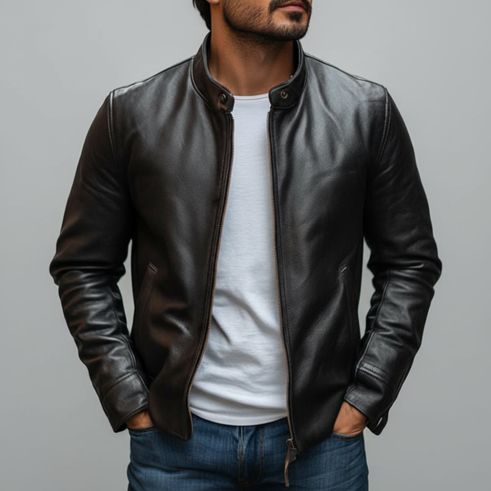 Men's Slim Fit Leather Jacket - Lightweight Long Sleeve