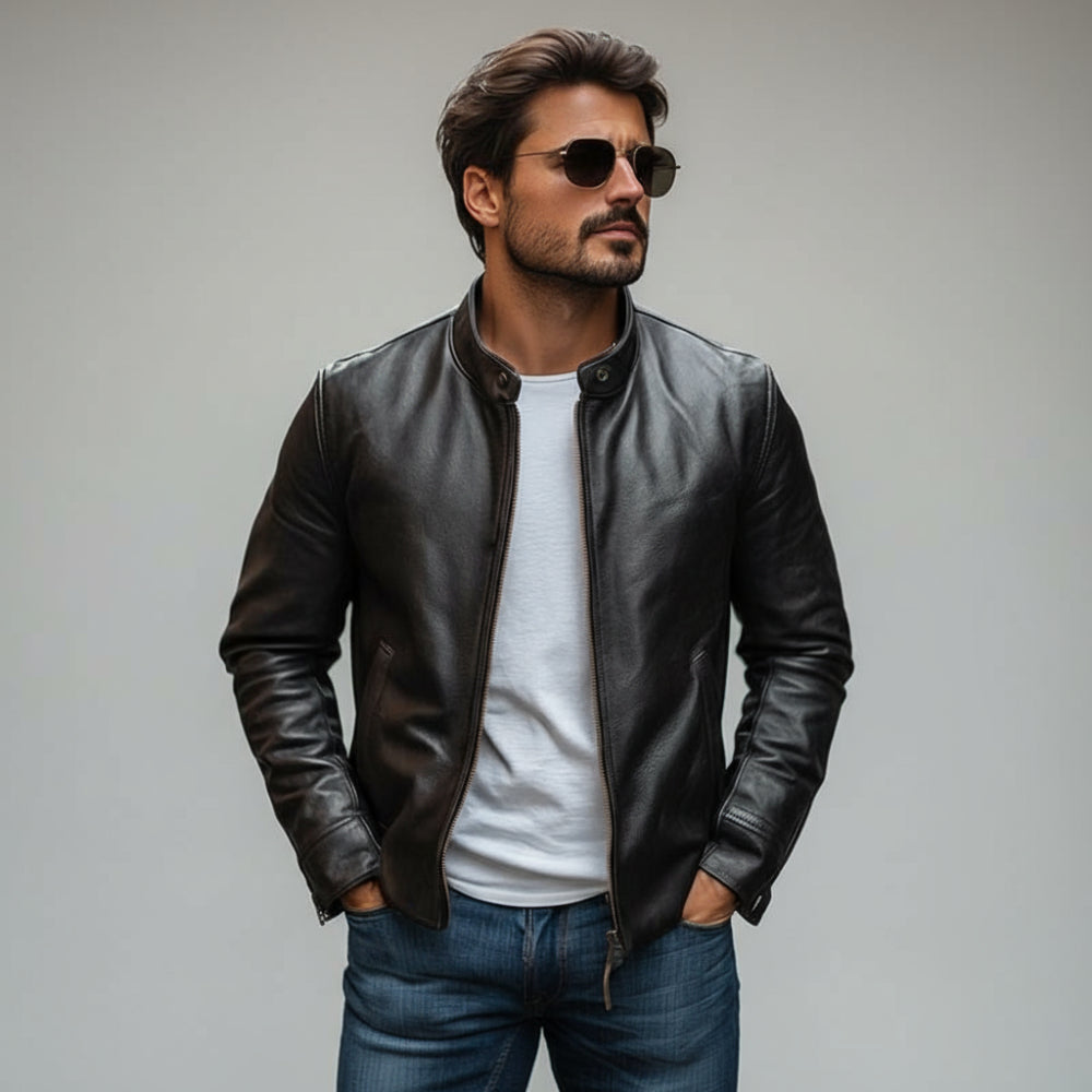 Men's Slim Fit Leather Jacket - Lightweight Long Sleeve