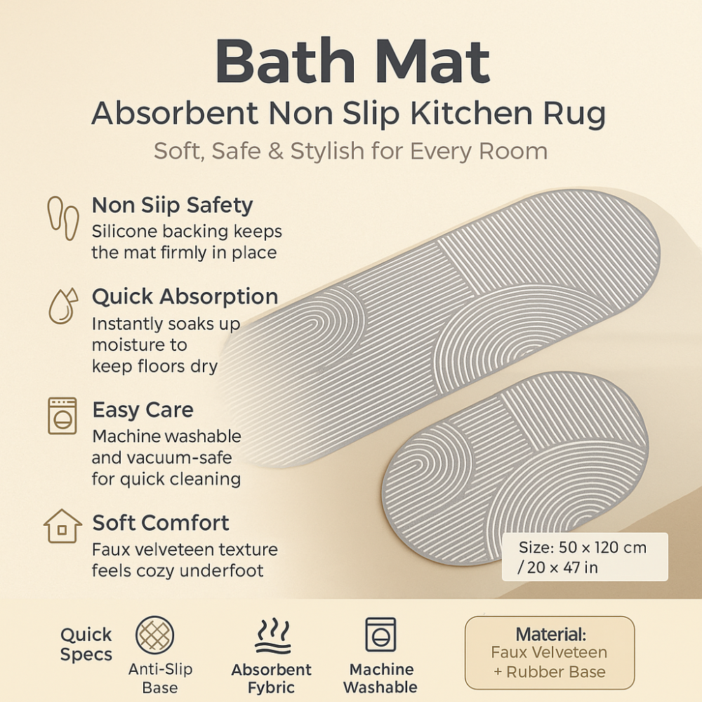 Non-Slip Bath Mat Soft Faux Velveteen Modern Bathroom Rug 2