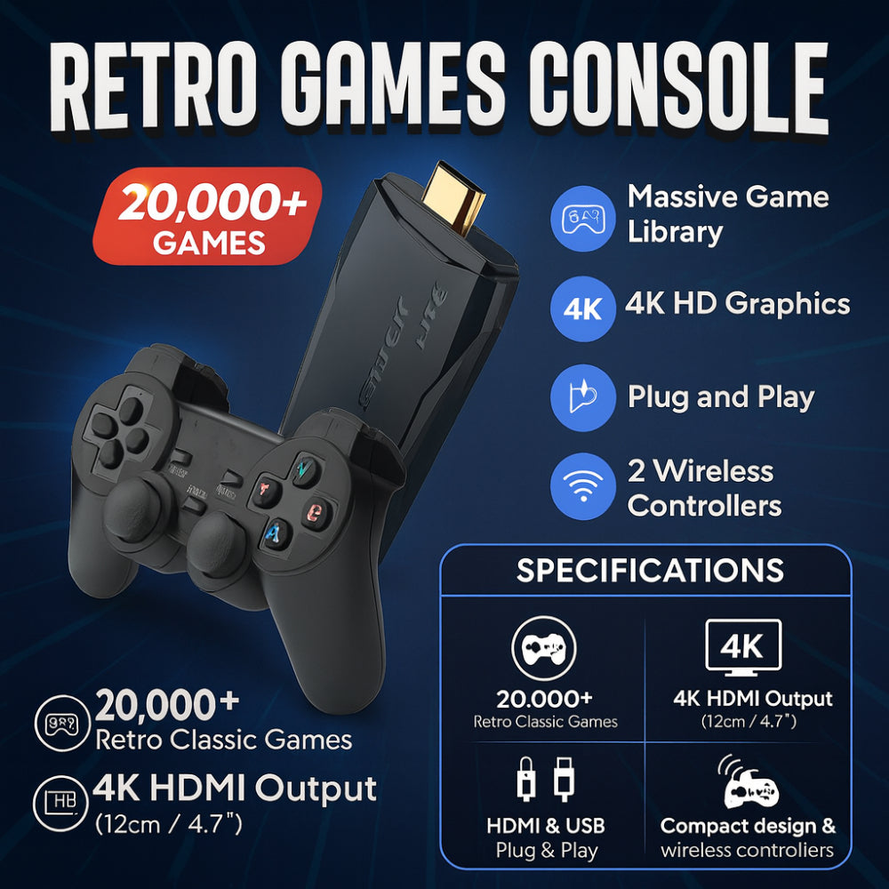 Retro Gaming Console 4K Plug Play Wireless Controllers