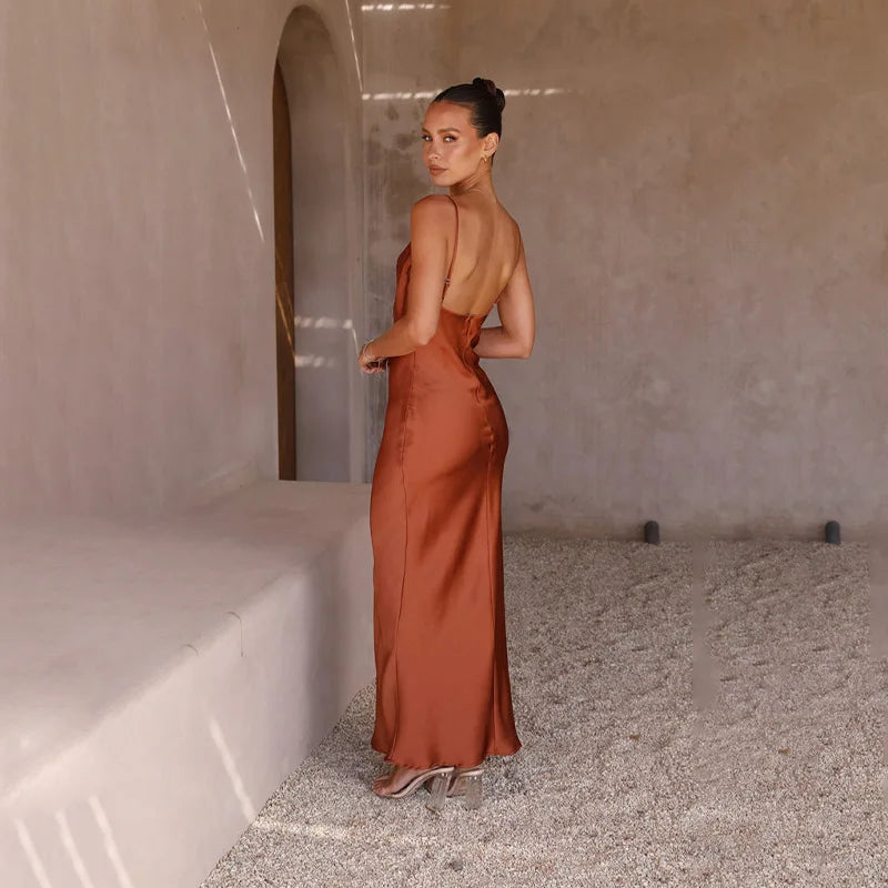 Women's Satin Slip Cocktail Dress | Cowl Neck Maxi