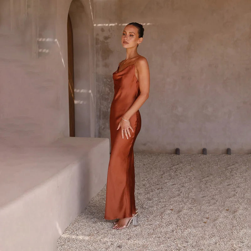 Women's Satin Slip Cocktail Dress | Cowl Neck Maxi