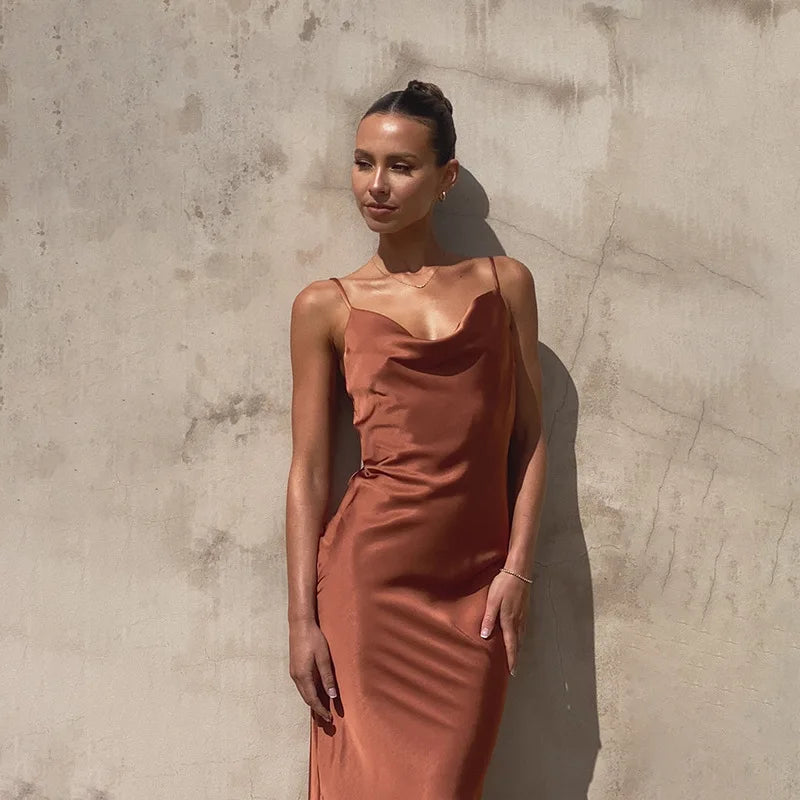 Women's Satin Slip Cocktail Dress | Cowl Neck Maxi