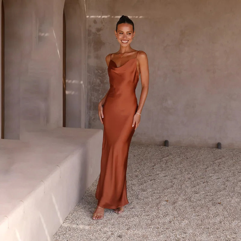 Women's Satin Slip Cocktail Dress | Cowl Neck Maxi