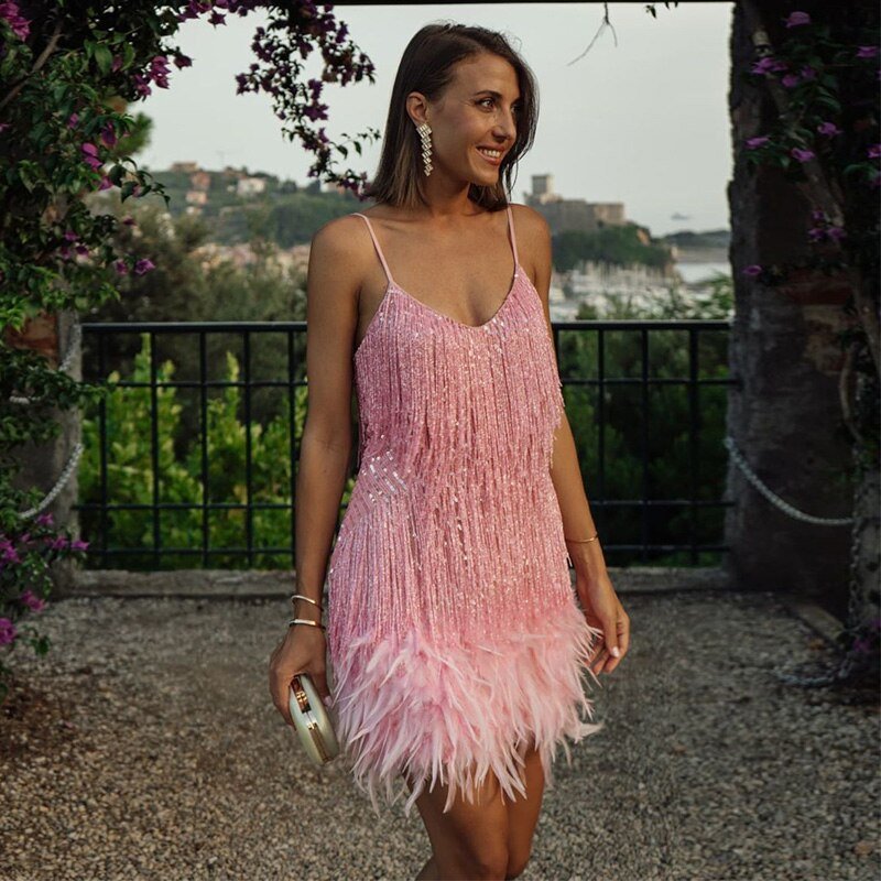 Robe de cocktail à plumes et sequins pour femme | Robe de soirée courte