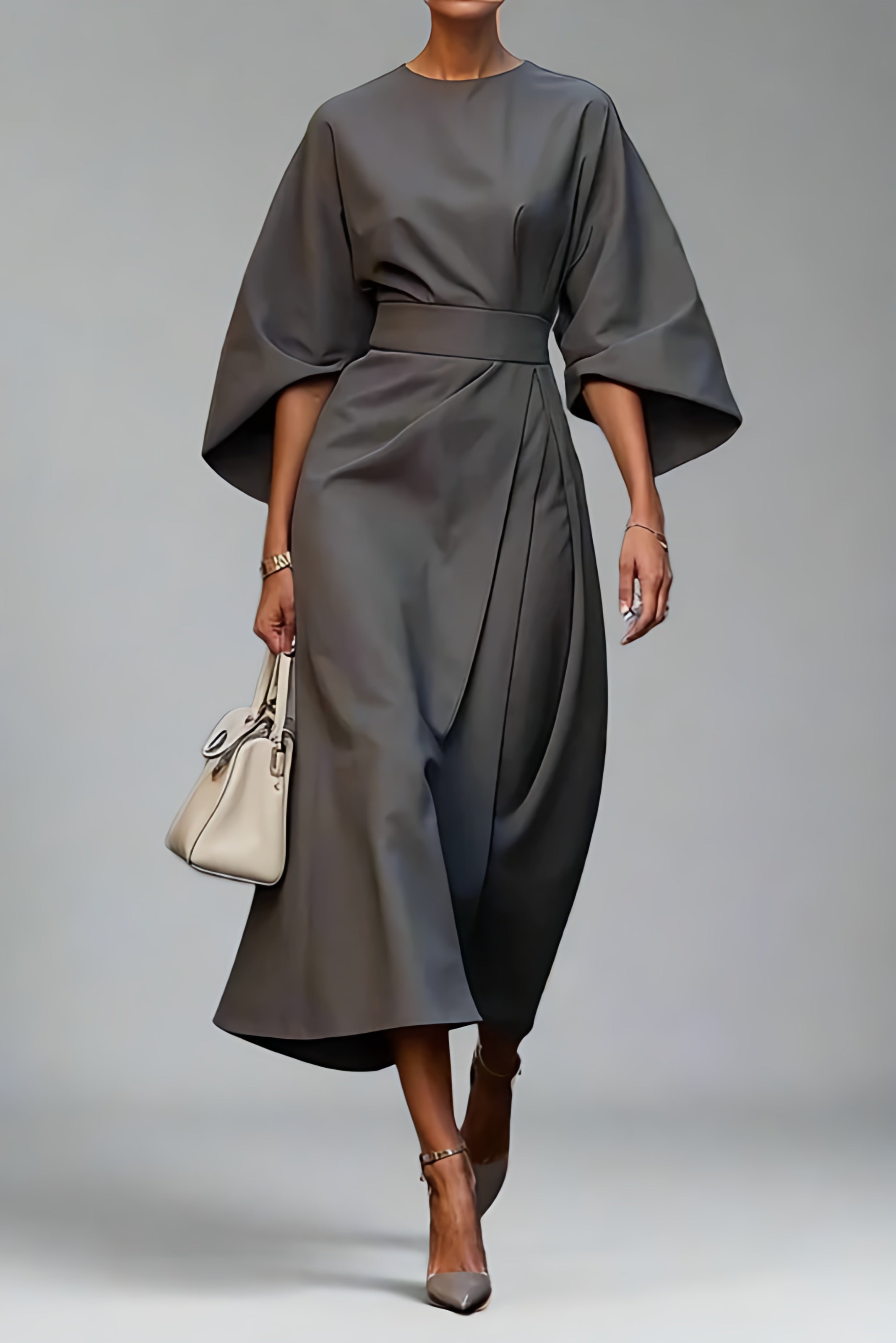 Women’s Elegant Belted Long Sleeve Dress | Minimalist Midi