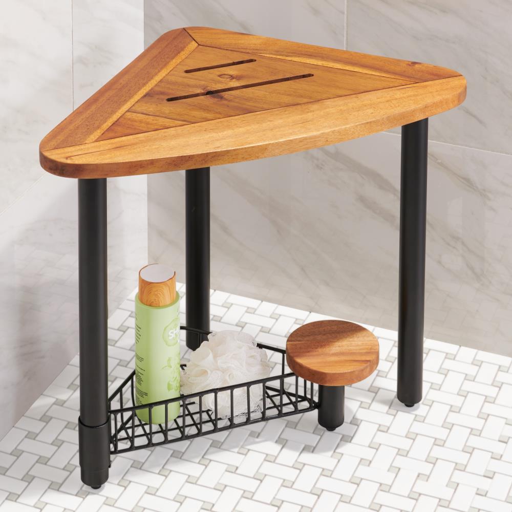 Teak Shower Chair with Storage Basket and Adjustable Legs 0