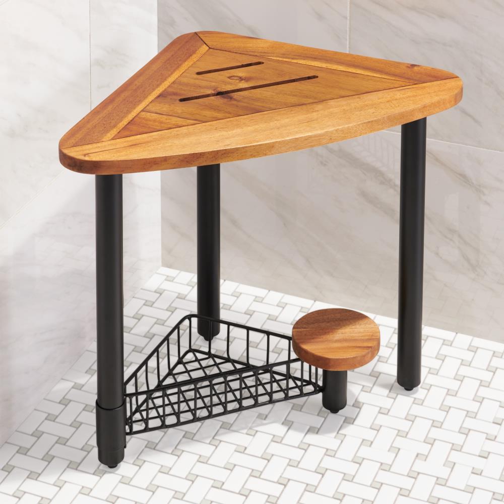 Teak Shower Chair with Storage Basket and Adjustable Legs 4