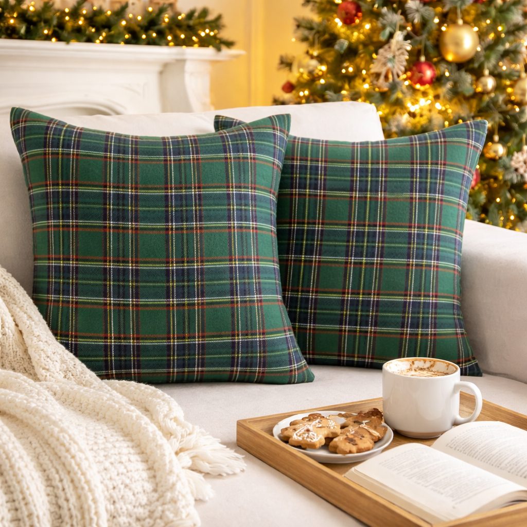 Throw Pillow Covers Plaid Christmas Tartan Polyester Cushion Set