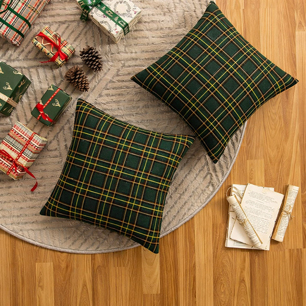 Throw Pillow Covers Plaid Christmas Tartan Polyester Cushion Set