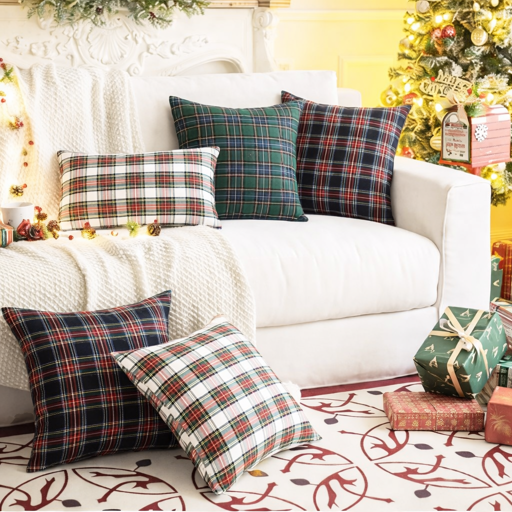 Throw Pillow Covers Plaid Christmas Tartan Polyester Cushion Set