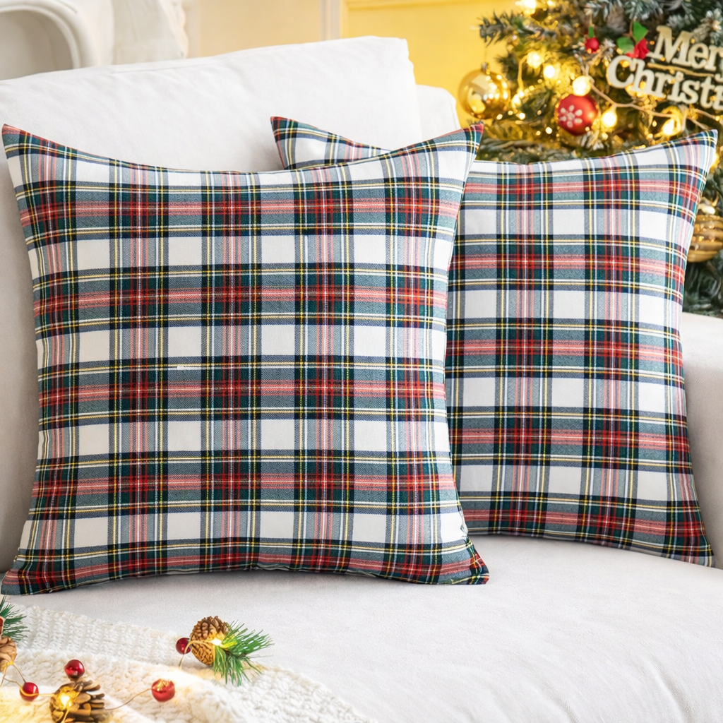 Throw Pillow Covers Plaid Christmas Tartan Polyester Cushion Set