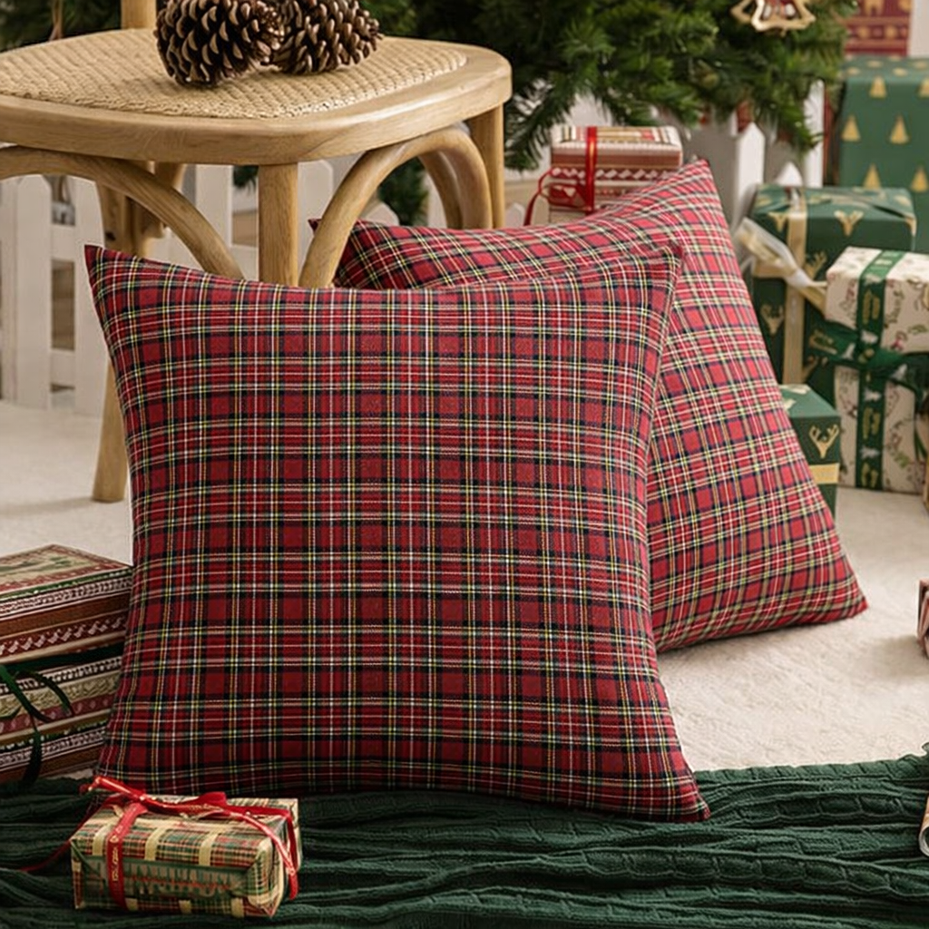 Throw Pillow Covers Plaid Christmas Tartan Polyester Cushion Set