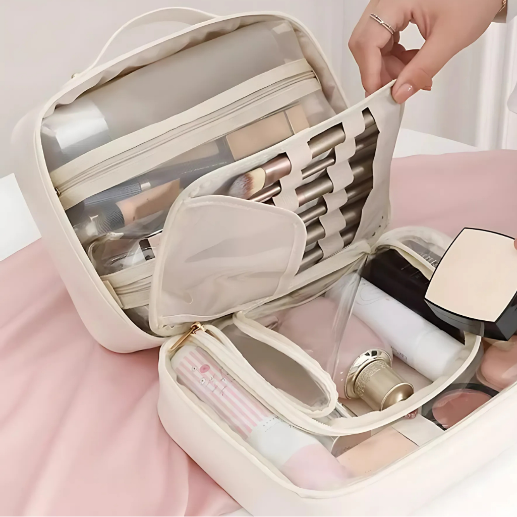 Travel Makeup Bag Multi-Compartment Water-Repellent PU Leather 3