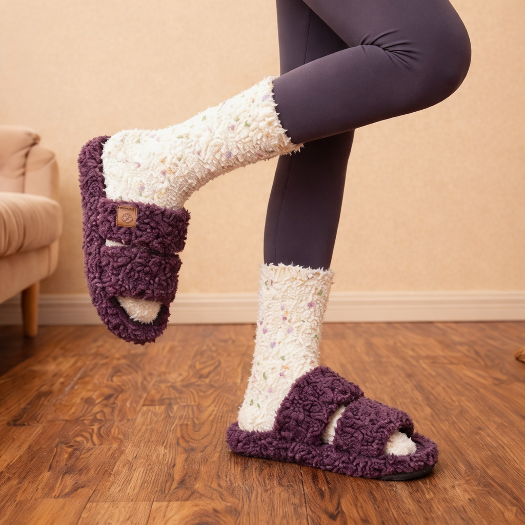 Women Slippers Plush Memory Foam Open Toe Indoor Outdoor