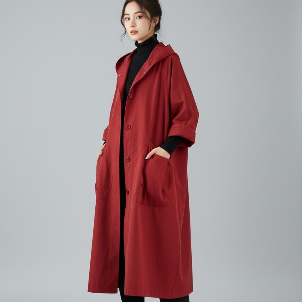 Women's Long Lightweight Trench Over Coat - Oversized Hooded