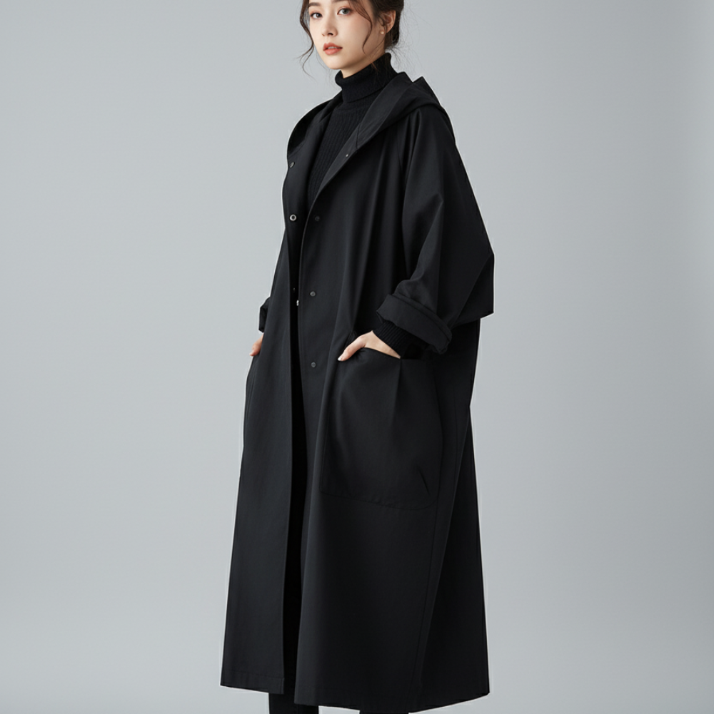 Women's Long Lightweight Trench Over Coat - Oversized Hooded